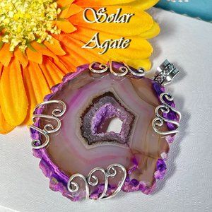 Druzy Solar Agate Quartz Pendant Wire Wrapped Gemstone Huge Handmade 925 Silver